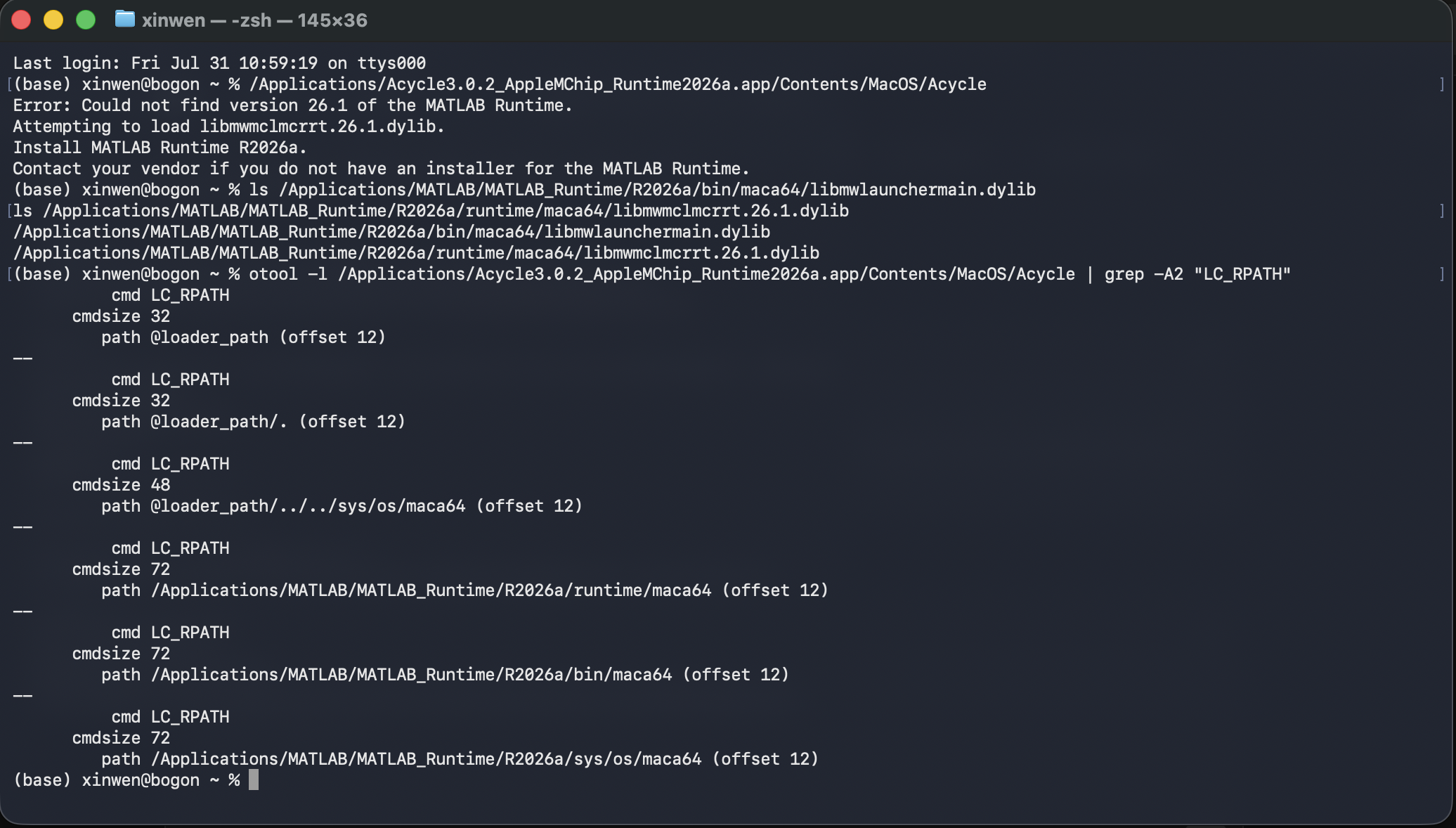 Terminal showing the Acycle runtime error and library search paths